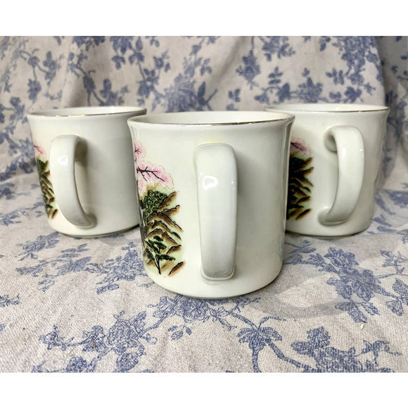 Set of 3 Vintage Handpainted Japanese Cherry Blossom Porcelain Mugs - Picture 6 of 10
